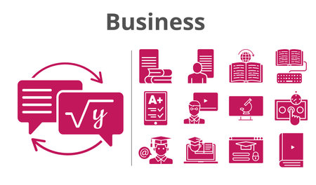 business set. included study, ereader, ebook, teacher, test, homework, online-learning, student, training, learning, login, microscope icons. filled styles.のイラスト素材