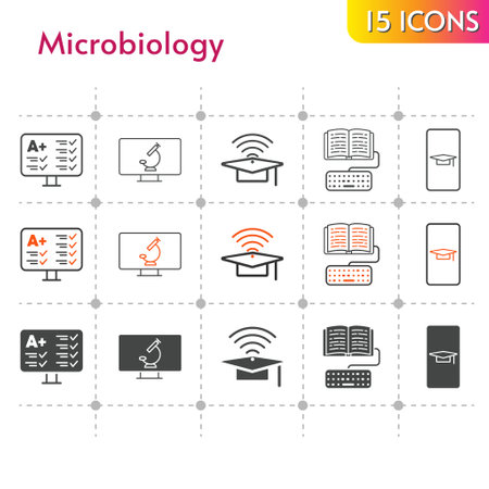 microbiology icon set. included student-smartphone, cap, test, homework, microscope icons on white background. linear, bicolor, filled styles.のイラスト素材