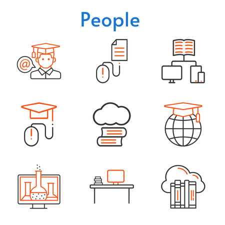 people set. included cloud library, chemistry, cloud, desktop, student, school, elearning, click icons. bicolor styles.のイラスト素材