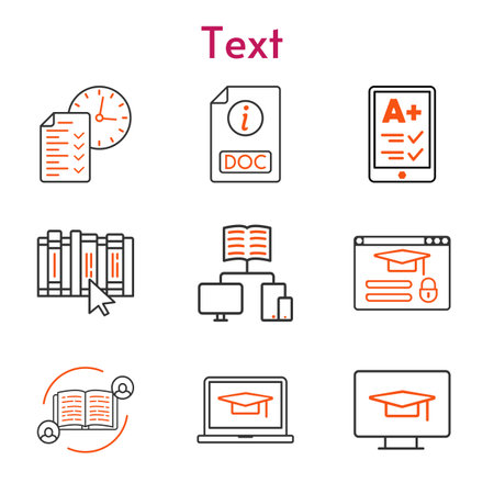 text set. included feedback, ereader, student-laptop, test, school, book, doc, login, student-desktop icons. bicolor styles.のイラスト素材