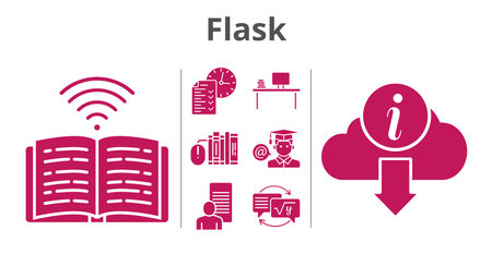 flask set. included study, books, desktop, test, student, homework, book, information icons. filled styles.のイラスト素材