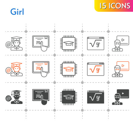 girl icon set. included chip, teacher, student, maths, touchscreen icons on white background. linear, bicolor, filled styles.のイラスト素材
