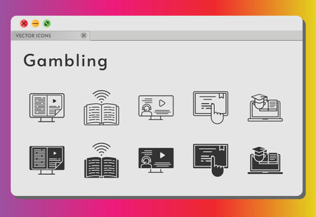 gambling icon set. included ebook, instructor, book, touchscreen, training icons on white background. linear, filled styles.のイラスト素材