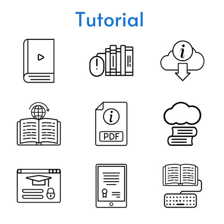 tutorial set. included cloud library, tablet, ebook, books, pdf, information, learning, login icons. linear styles.のイラスト素材