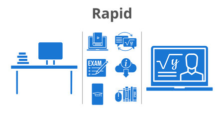 rapid set. included exam, student-smartphone, professor, desktop, books, learn, homework, information icons. filled styles.のイラスト素材