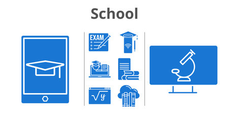 school set. included exam, cloud, smartphone, online-learning, maths, student-tablet, training, microscope icons. filled styles.のイラスト素材