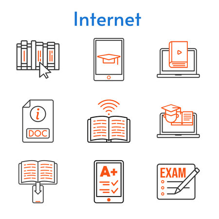 internet set. included exam, ereader, ebook, learn, book, student-tablet, doc, training icons. bicolor styles.のイラスト素材