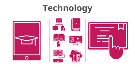 technology set. included cloud, ebook, instructor, school, homework, student-tablet, touchscreen icons. filled styles.のイラスト素材