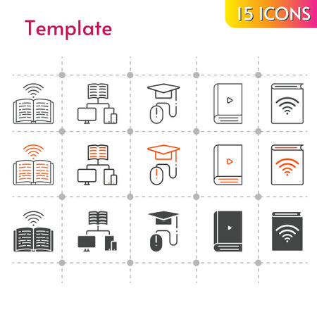 template icon set. included audiobook, ebook, school, book, elearning icons on white background. linear, bicolor, filled styles.のイラスト素材