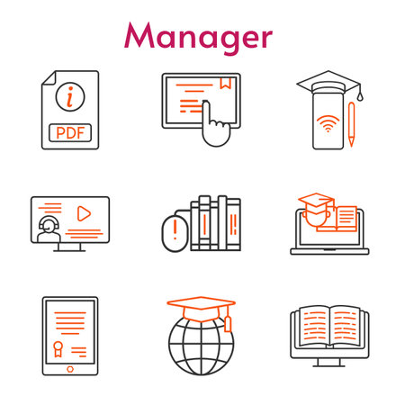 manager set. included tablet, pdf, smartphone, books, ebook, instructor, school, touchscreen, training icons. bicolor styles.のイラスト素材