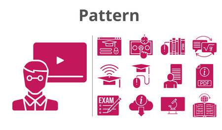 pattern set. included study, test, homework, learning, login, microscope, exam, teacher, books, cap, pdf, elearning, information icons. filled styles.のイラスト素材
