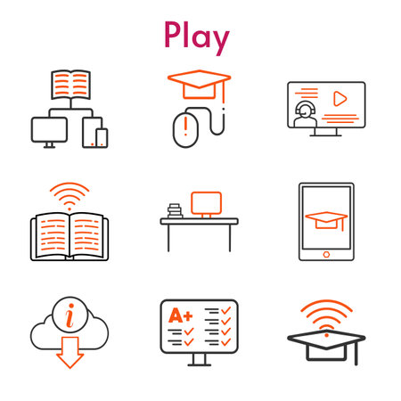 play set. included desktop, cap, instructor, test, school, elearning, book, student-tablet, information icons. bicolor styles.のイラスト素材