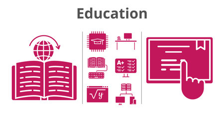 education set. included chip, desktop, test, homework, school, maths, learning, touchscreen icons. filled styles.のイラスト素材