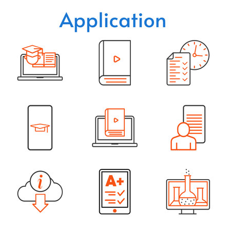 application set. included student-smartphone, chemistry, study, ereader, ebook, test, learn, training, information icons. bicolor styles.のイラスト素材