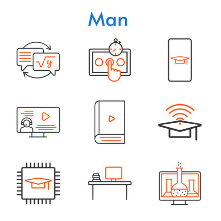 man set. included student-smartphone, chemistry, chip, ebook, cap, desktop, test, instructor, homework icons. bicolor styles.のイラスト素材