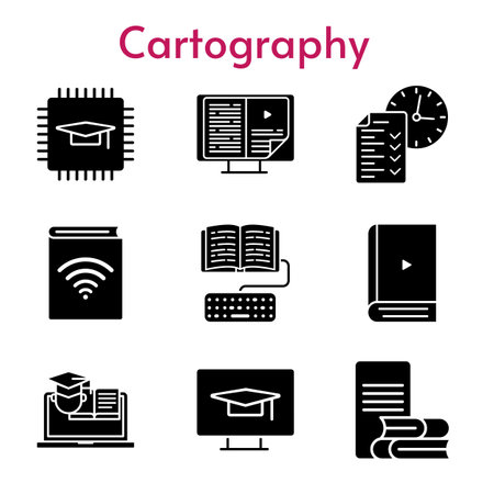 cartography set. included chip, audiobook, ebook, test, homework, online-learning, training, student-desktop icons. filled styles.のイラスト素材