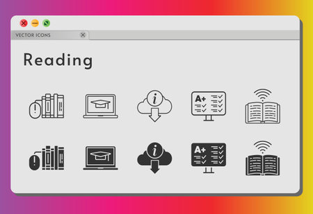 reading icon set. included books, student-laptop, test, book, information icons on white background. linear, filled styles.のイラスト素材