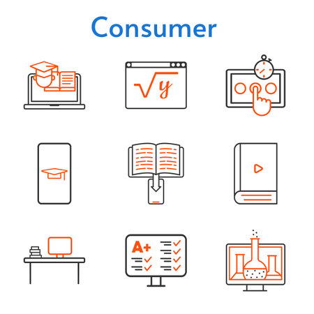 consumer set. included student-smartphone, chemistry, ebook, desktop, test, maths, training icons. bicolor styles.のイラスト素材