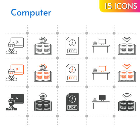 computer icon set. included teacher, pdf, desktop, book, learning icons on white background. linear, bicolor, filled styles.のイラスト素材