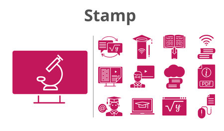 stamp set. included cloud library, student-laptop, smartphone, ebook, teacher, pdf, homework, student, maths, book, click, microscope icons. filled styles.のイラスト素材