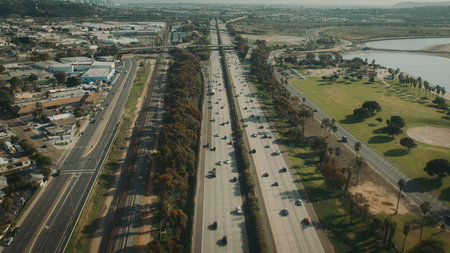 Aerial Flying over Freeway in California. Highway aerial View.