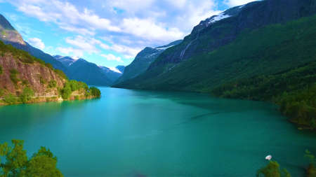 Beautiful Nature Norway natural landscape. Aerial footage lovatnet lakeの写真素材