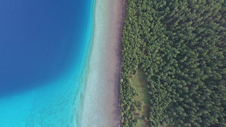 Aerial drone shot top view over forest and lake Khuvsgul Mongolia. Sunny day. Beautiful clear water.