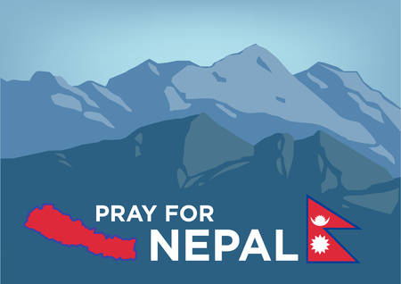 Pray for Nepal. Earthquake Crisis 2015 concept showing Mt Everest with Nepalese map and flag.のイラスト素材