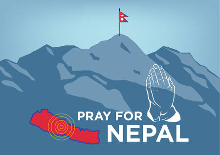 Pray for Nepal. Earthquake Crisis Concept showing Mt Everest with hands praying, country map and Nepalese flag on the summit of Everest. Editable Clip Artのイラスト素材