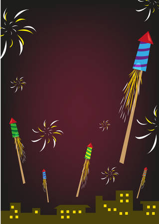 Firework Rockets Explode in a Night Sky Over City Buildings. Editable Clip Art.のイラスト素材