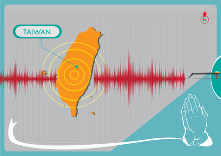 Earthquake in Taiwan concept. Editable Clip Art.  Graphical representation of an Earthquake in Taiwan with hands praying for supportのイラスト素材