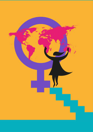 International Women's Day image or rights about women concept.  Editable Clip Art. A silhouette of a woman putting a map on the Venus gender symbol.のイラスト素材