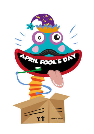 April Fool's Day or All Fool's Day text words as the Teeth Punchline of a Clown Toy Character Springing Up from a Box.のイラスト素材
