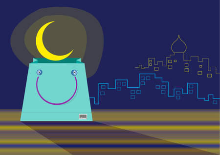 A seemingly Smiling Shopping Bag with an emerging Ramadan Moon. Editable clip art.のイラスト素材