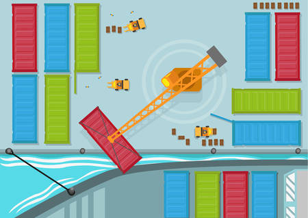 Birds Eye View of Shipping Container being moved into a shipping line. Editable Clip Art.のイラスト素材
