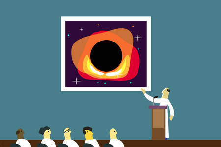 A scientists discusses a picture of a black hole in an assembly or forumのイラスト素材