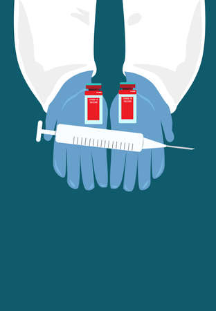 A hand of a scientist or medical practitioner with medicine, blood or vaccine concept. Editable Clip Art.のイラスト素材