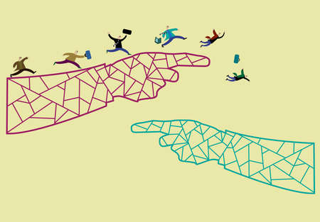 Business people running and falling as if jumping ship or in panic concept on hands outline pointing to each other. Editable Clip Art.のイラスト素材