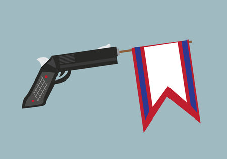 A handgun with a banner in its barrel. Editable Clip Art.のイラスト素材
