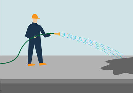 A man sprays water to cure cemented road or floor or disinfects an area. Editable Clip Art.のイラスト素材