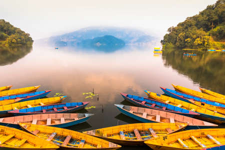 NEPAL BOATS IN BEGNAS LAKE NEPALの写真素材