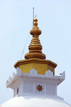 Dome of World Peace Pagoda close up view.Famous Buddhist Stupa in Pokhara Nepalの写真素材