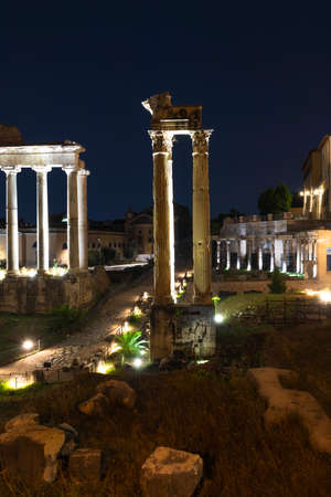 Roman Forum. Image of Roman ancient ruins, Roman Forum in Rome Italy at nightの写真素材