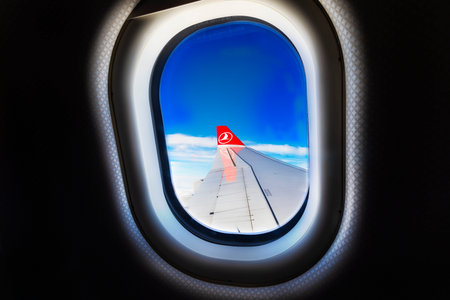 Kathmandu, Istambul - AUG 09, 2019 View from the plane window by Turkish airline.