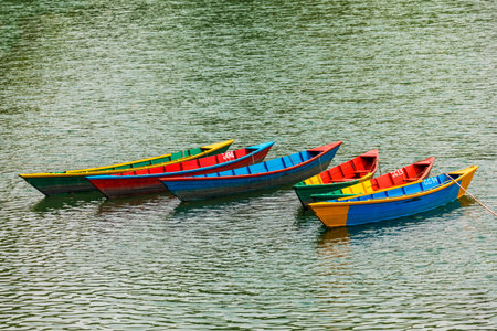 Boats with different colors,Main tourist attraction in Phewa Lake Pokhara Nepalのeditorial素材