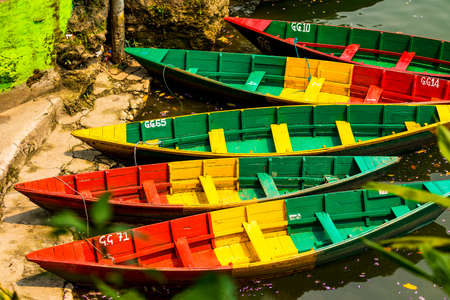 Boats with different colors,Main tourist attraction in Phewa Lake Pokhara Nepalのeditorial素材