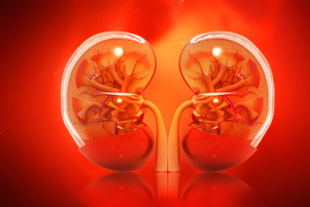 Human kidney cross section on scientific background. 3d illustration