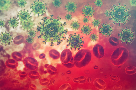 Virus infected blood cells. 3d illustration