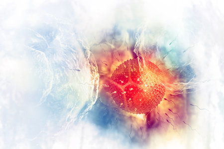 Sperm and egg cell on scientific background. 3d illustrationの写真素材