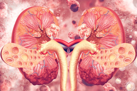 Human kidney cross section on scientific background. 3d illustration